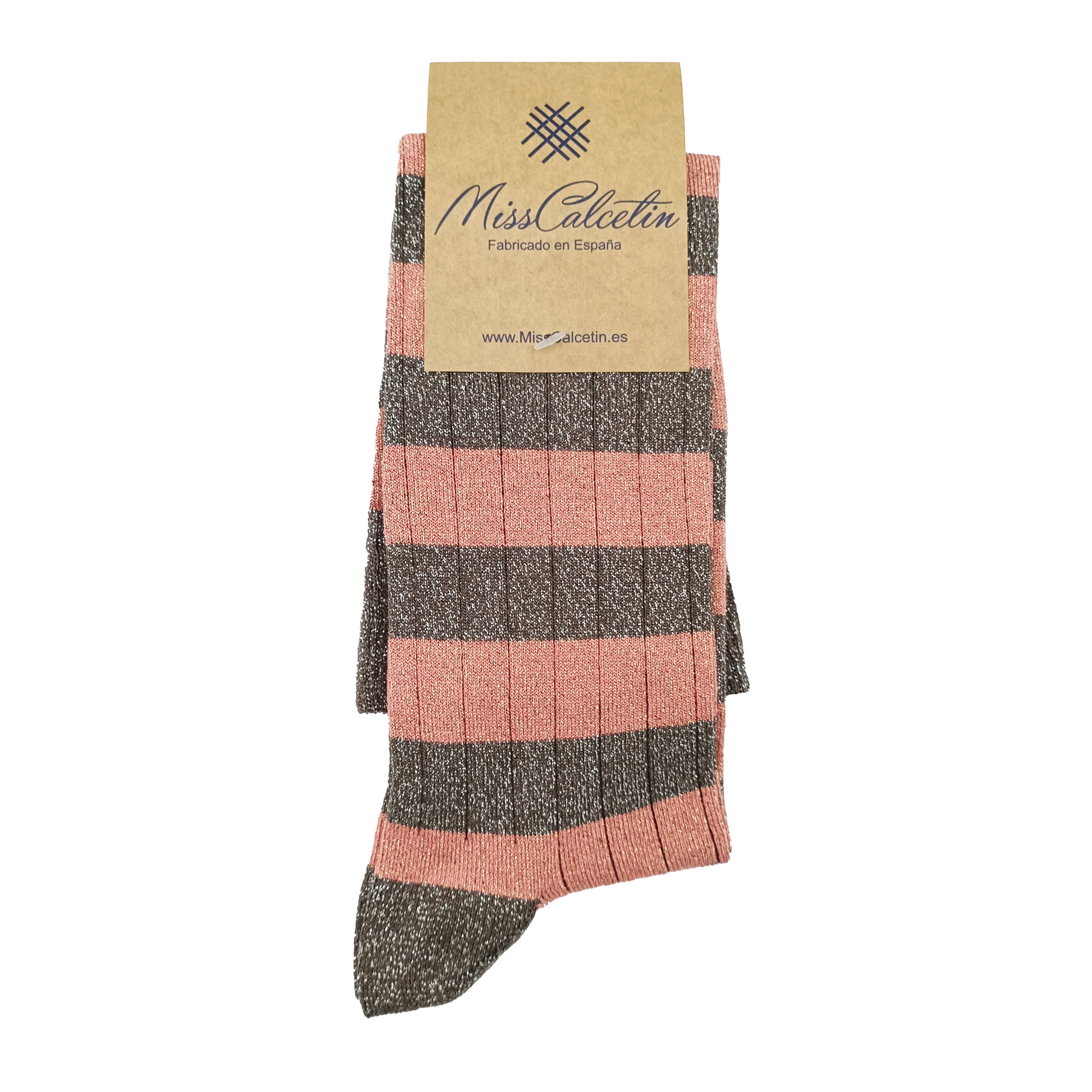 MissBrilli Brilli - Calcetto alto con topo a righe, colore: corallo